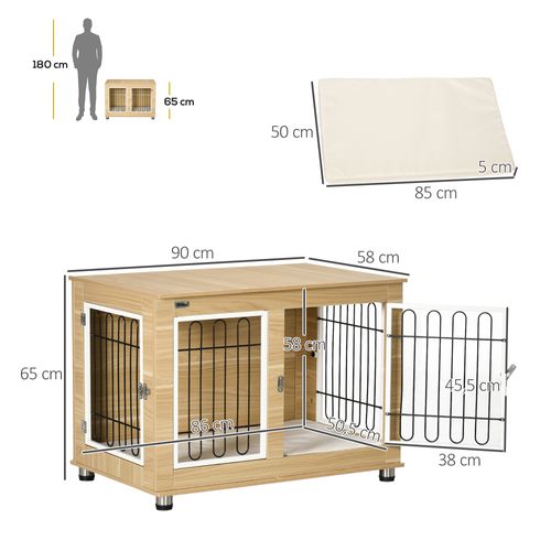 Cage à Chien En Chêne Avec Table, Double Portes, Coussin, Intérieur Et Extérieur