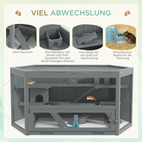 Cage Pour Petits Animaux En Bois à 3 Étages, Avec Couvercle Rabattable Et Fenêtre, Gris