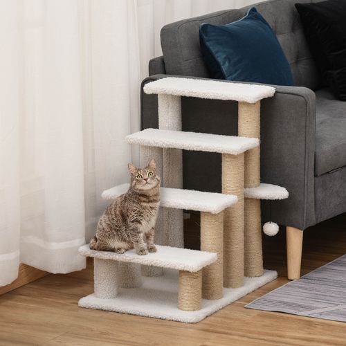 Escalier Pour Animaux En Bois Aggloméré, Peluche Et Jute, 4 Niveaux, Blanc