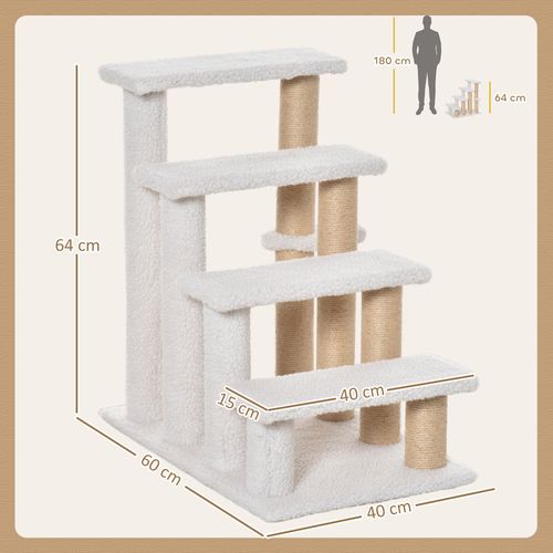 Escalier Pour Animaux En Bois Aggloméré, Peluche Et Jute, 4 Niveaux, Blanc