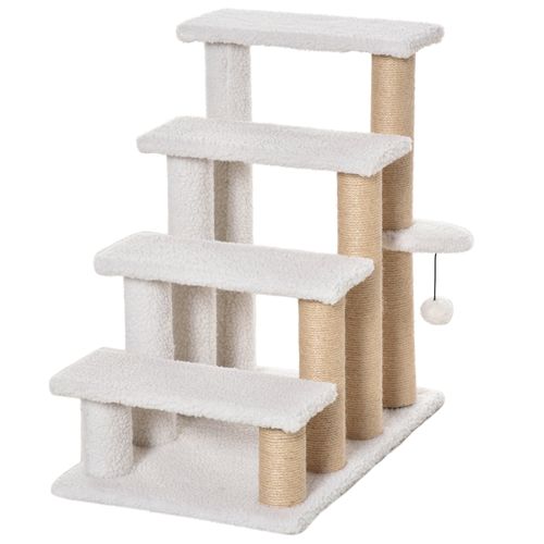 Escalier Pour Animaux En Bois Aggloméré, Peluche Et Jute, 4 Niveaux, Blanc