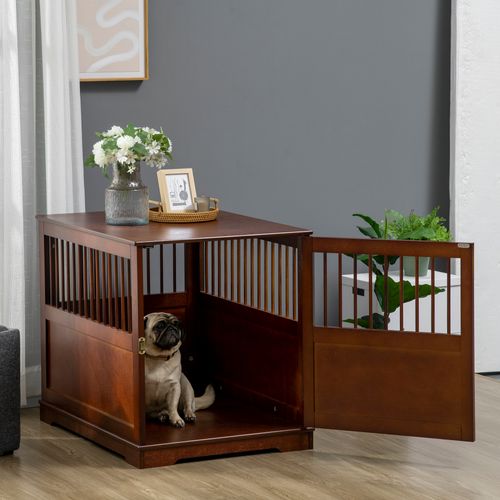 Cage Pour Chien Avec Plateau De Table En Bois, Avec Porte Verrouillable, Marron, 80,5x59,5x67,5cm