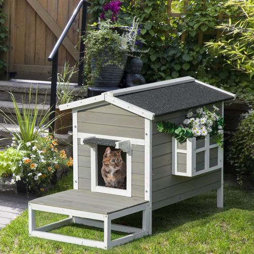 Maison Pour Chats Et Chiens En Bois De Sapin, Avec Terrasse Et Balcon, Gris Et Blanc