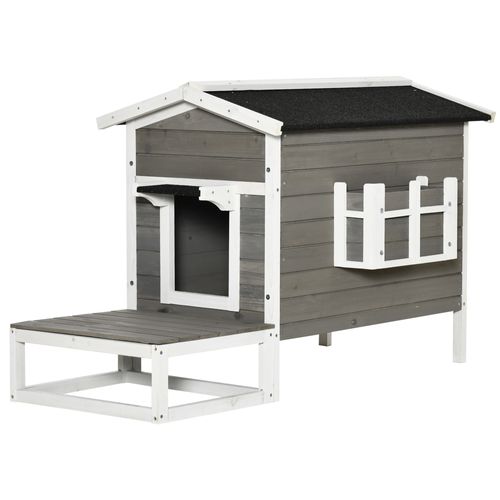 Maison Pour Chats Et Chiens En Bois De Sapin, Avec Terrasse Et Balcon, Gris Et Blanc