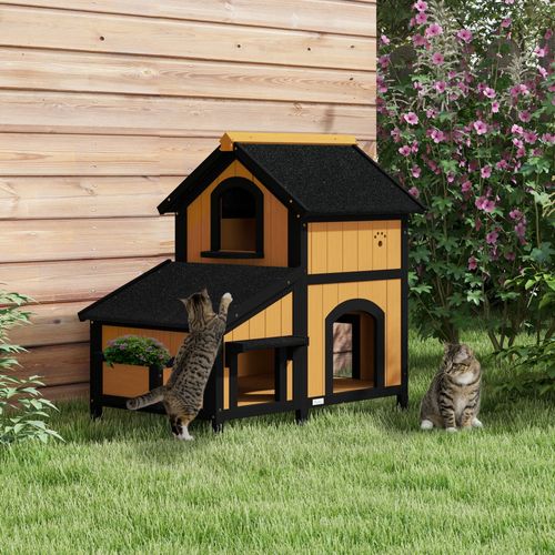 Maison Pour Chats En Bois Avec Plusieurs Entrées Et 2 Étages, Hiver, Jaune, 96 X 65 X 85,5 Cm