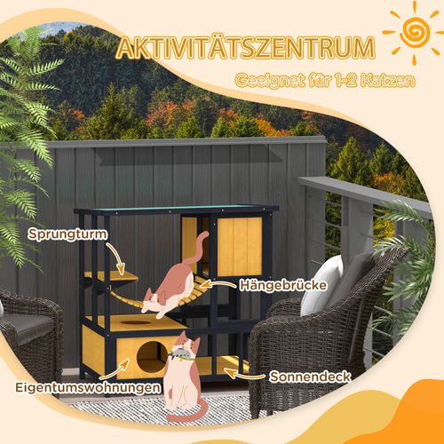Maisonnette Pour Chats En Bois Avec Pont Suspendu Et Balcon Étanche, Jaune
