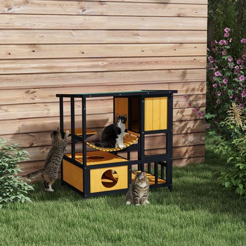 Maisonnette Pour Chats En Bois Avec Pont Suspendu Et Balcon Étanche, Jaune