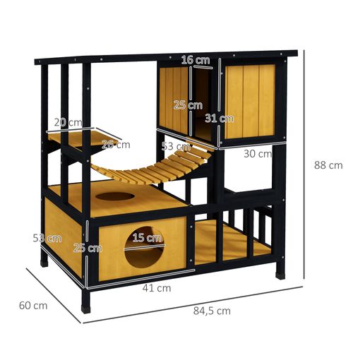 Maisonnette Pour Chats En Bois Avec Pont Suspendu Et Balcon Étanche, Jaune