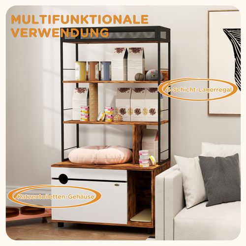 Cat Litter Cabinet En Bois Avec 3 Niveaux, Griffoir Et Porte Rabattable, Rustique Brun
