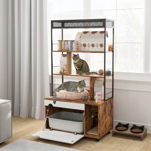 Cat Litter Cabinet En Bois Avec 3 Niveaux, Griffoir Et Porte Rabattable, Rustique Brun