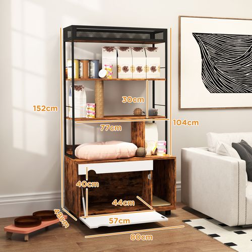 Cat Litter Cabinet En Bois Avec 3 Niveaux, Griffoir Et Porte Rabattable, Rustique Brun