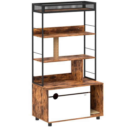 Cat Litter Cabinet En Bois Avec 3 Niveaux, Griffoir Et Porte Rabattable, Rustique Brun