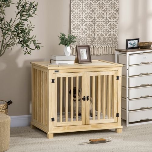 Cage Pour Chien En Bois Naturel Avec Coussin, Housse En Crème 82,5x57x72cm