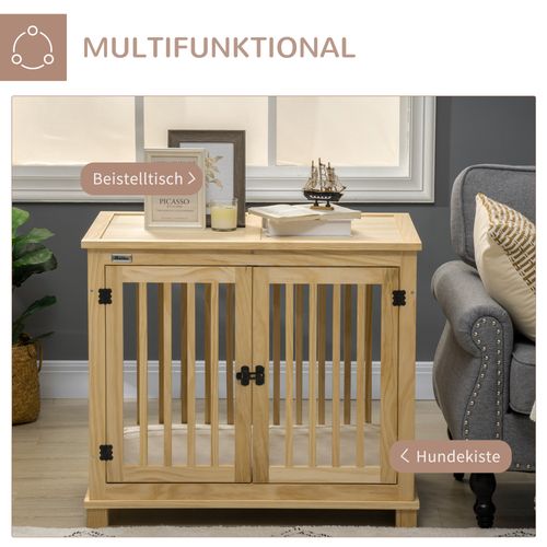 Cage Pour Chien En Bois Naturel Avec Coussin, Housse En Crème 82,5x57x72cm