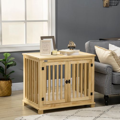 Cage Pour Chien En Bois Naturel Avec Coussin, Housse En Crème 82,5x57x72cm