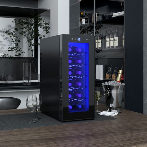 Réfrigérateur à Vin 12 Bouteilles 30l Thermoélectrique Avec Porte En Verre, LED, Noir