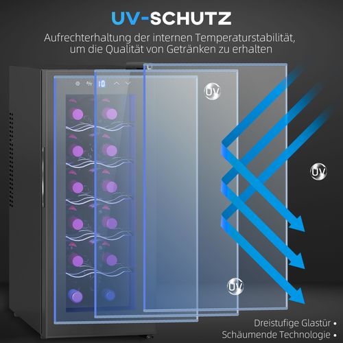 Réfrigérateur à Vin 12 Bouteilles 30l Thermoélectrique Avec Porte En Verre, LED, Noir