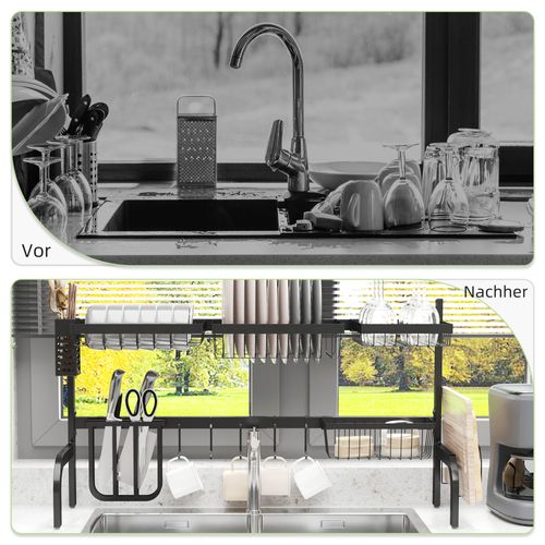 Égouttoir à Vaisselle 2 Niveaux En Acier Avec Crochets Et Bac, Noir 51-93 Cm Pour Cuisine