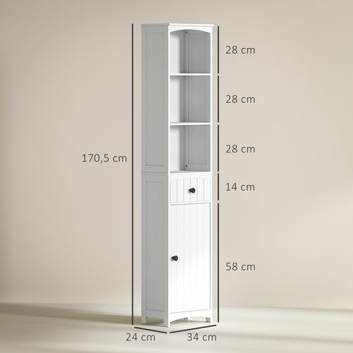 Armoire De Salle De Bain En Bois Avec 3 Étagères, 1 Tiroir, Blanc, 34x24x170,5cm