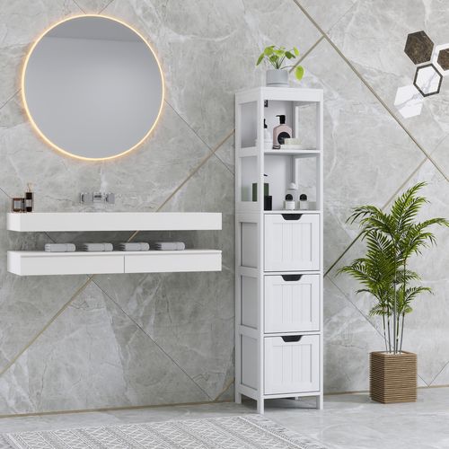 Armoire De Salle De Bain En Bois Avec 3 Tiroirs Et 2 Compartiments Ouverts, Blanc