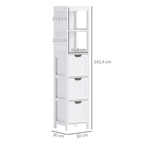 Armoire De Salle De Bain En Bois Avec 3 Tiroirs Et 2 Compartiments Ouverts, Blanc