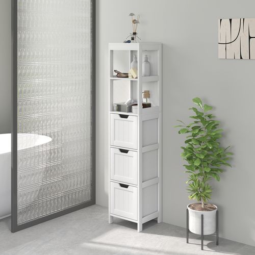 Armoire De Salle De Bain En Bois Avec 3 Tiroirs Et 2 Compartiments Ouverts, Blanc