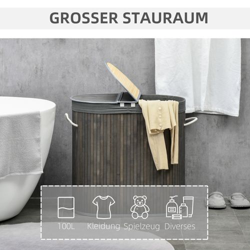 Panier à Linge 100l En Bambou Avec Couvercle, 2 Sacs Amovibles, Pour Salle De Bain, Gris