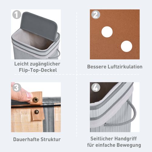 Panier à Linge En Bambou Étroit 70 L Avec Couvercle, Sac à Linge Amovible, Gris
