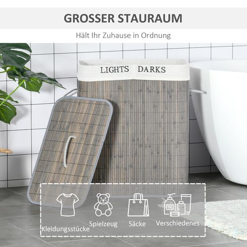 Panier à Linge 100l En Bambou Avec 2 Compartiments, Couvercle Pliable Avec Poignée, Sac Amovible