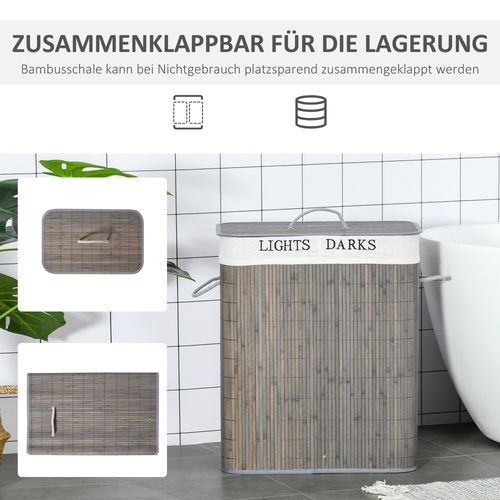 Panier à Linge 100l En Bambou Avec 2 Compartiments, Couvercle Pliable Avec Poignée, Sac Amovible