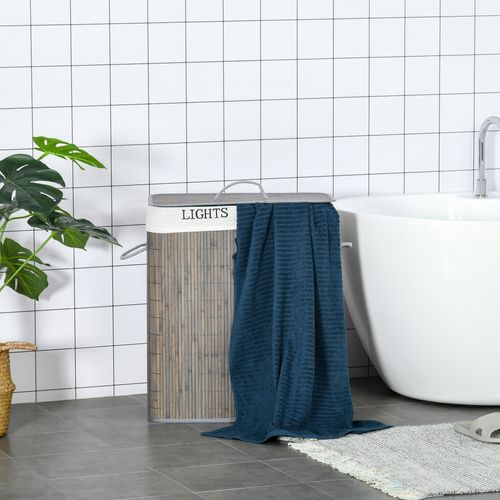 Panier à Linge 100l En Bambou Avec 2 Compartiments, Couvercle Pliable Avec Poignée, Sac Amovible