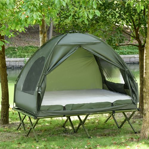 Lit De Camping Surélevé En Taffetas Avec Tente Dôme Et Matelas Pneumatique, Vert