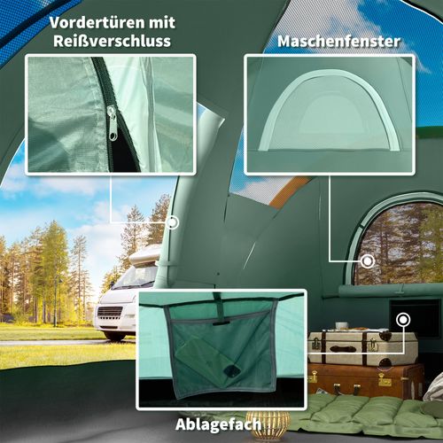 Tente De Camping Tunnel 5-6 Personnes, Polyester, Avec Sardines, 4,55x2,3x1,8m, Vert Armée Et Noir