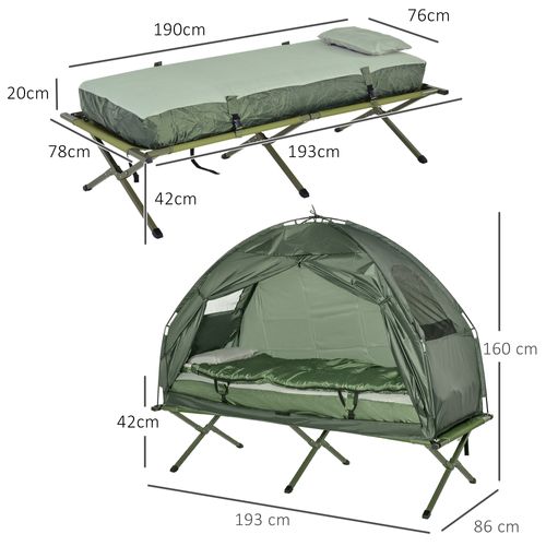 Lit De Camping 4 En 1 En Tissu Imperméable Avec Tapis De Sol, Sac De Couchage, Matelas, Vert
