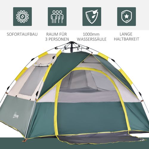 Tente De Camping 3 Personnes En Polyester Avec Piquets, Verte 205x195x135cm