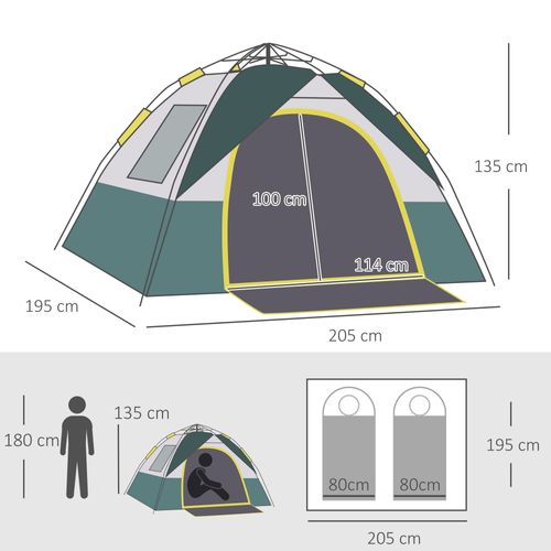 Tente De Camping 3 Personnes En Polyester Avec Piquets, Verte 205x195x135cm