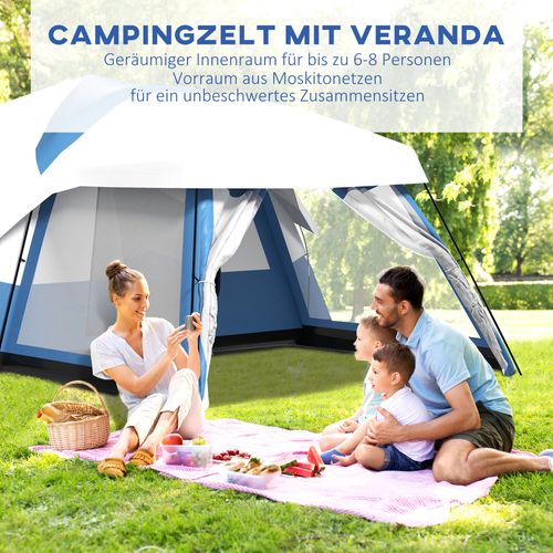 Tente Familiale Pour 6-8 Personnes En Pu3000mm Avec Auvent Et 2 Fenêtres, Bleu