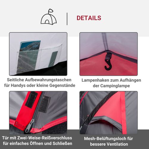 Tente Tunnel Pour 2-3 Personnes, Polyester Et Fibre De Verre, Idéale Pour Aventures Outdoor, Gris