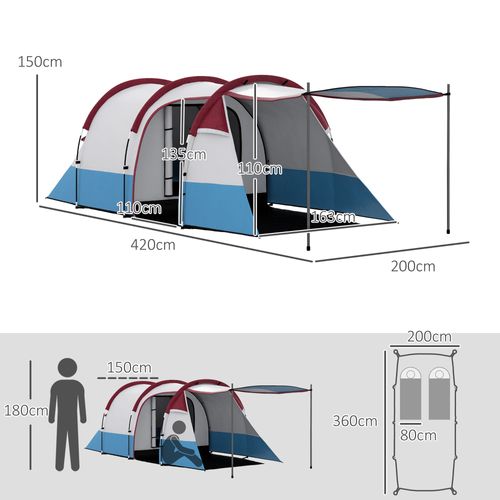 Tente Tunnel 3 Personnes En Polyester, Avec Abside, 2 Chambres, Étanche, Rouge