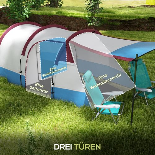 Tente Tunnel 3 Personnes En Polyester, Avec Abside, 2 Chambres, Étanche, Rouge