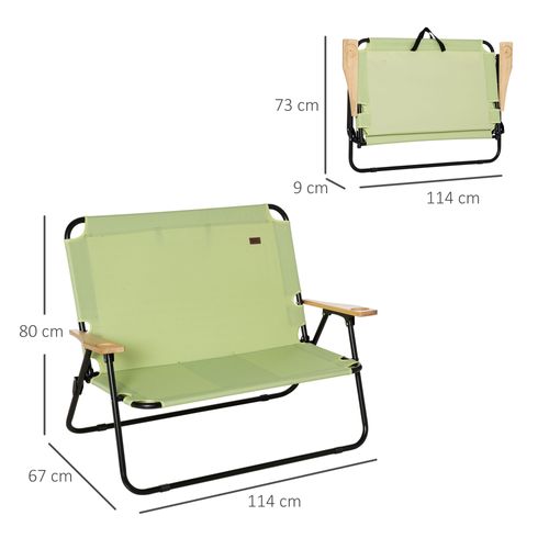 Chaise De Camping Pliante 2 Places En Métal Avec Porte-boissons, Vert Clair 114 X 67 X 80 Cm