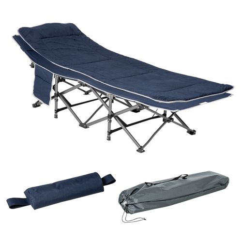 Lit De Camping Pliable En Oxford Avec Matelas, Coussin Et Poches 180x60, Bleu Foncé