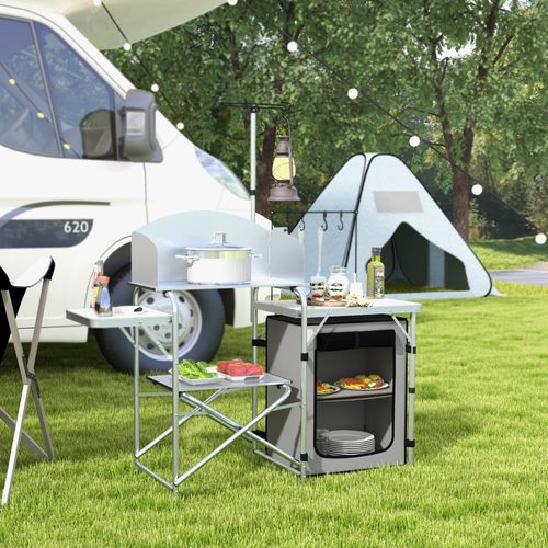 Cuisine De Camping Pliable En Aluminium Avec Protection Uv Et Pare-vent, 3 Plans De Travail