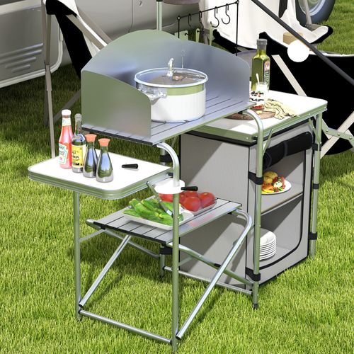 Cuisine De Camping Pliable En Aluminium Avec Protection Uv Et Pare-vent, 3 Plans De Travail