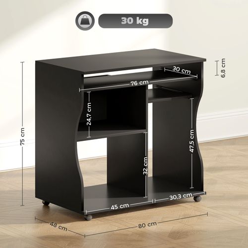 Bureau Ordinateur Avec Roulettes En Métal Et Mélaminé,avec Plateau Pour Clavier,noir 80 X 48 X 75 Cm