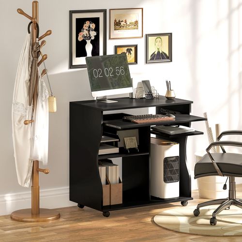 Bureau Ordinateur Avec Roulettes En Métal Et Mélaminé,avec Plateau Pour Clavier,noir 80 X 48 X 75 Cm