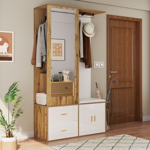 Ensemble De Rangement Avec Miroir, Armoire à Chaussures, Banc à Chaussures Et Tringle Extensible