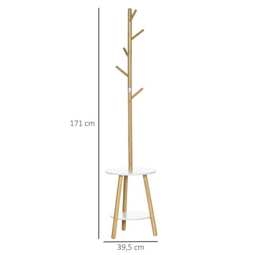 Porte-manteau En Bois Naturel Et Blanc Avec 5 Crochets Et Table D'appoint, 171 Cm