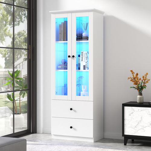 Vitrine LED Moderne En Mdf Avec 2 Tiroirs, Portes Battantes Et Étagères Réglables, Blanc Mat