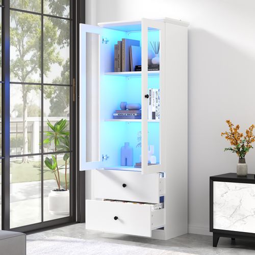 Vitrine LED Moderne En Mdf Avec 2 Tiroirs, Portes Battantes Et Étagères Réglables, Blanc Mat